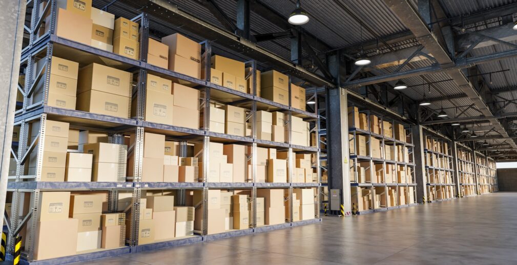 3D illustration. Cardboard boxes on storage warehouse shelves. 3D illustration. Cardboard boxes on storage warehouse shelves. Industry, logistics and shipping concept.