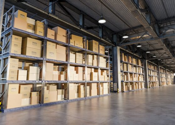 3D illustration. Cardboard boxes on storage warehouse shelves. Industry, logistics and shipping concept.